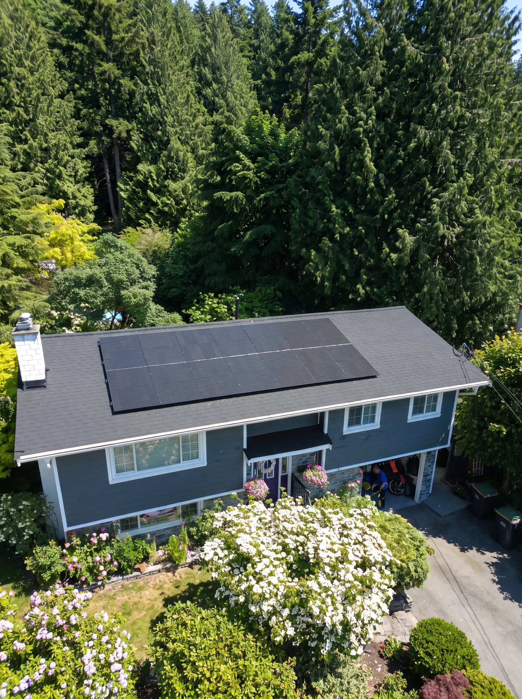 Drone view of a navy-sided house with a black solar panel array on its roof, among tall cedars
